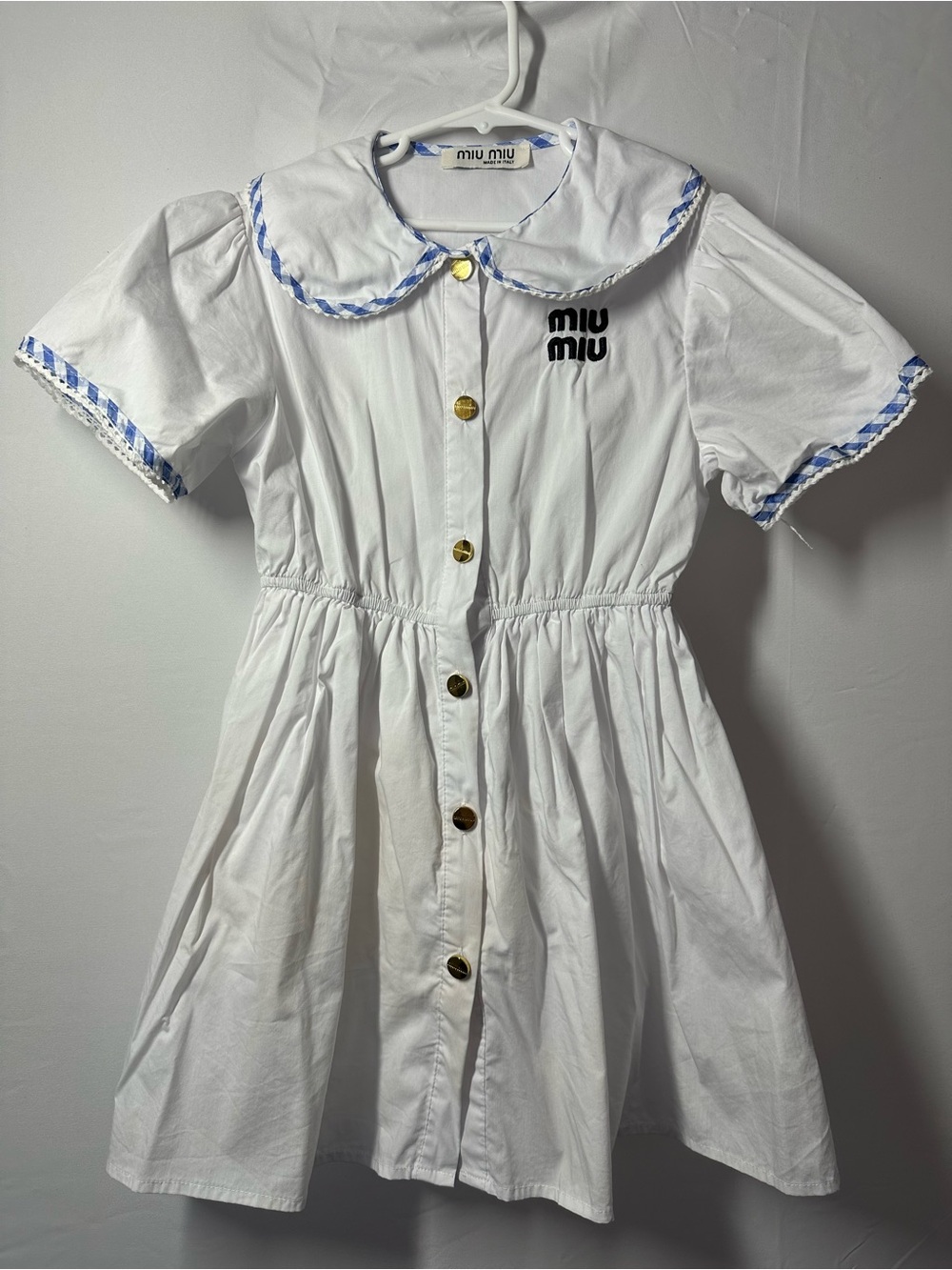 Miu Miu White Cotton Button-Front Dress with Blue Trim